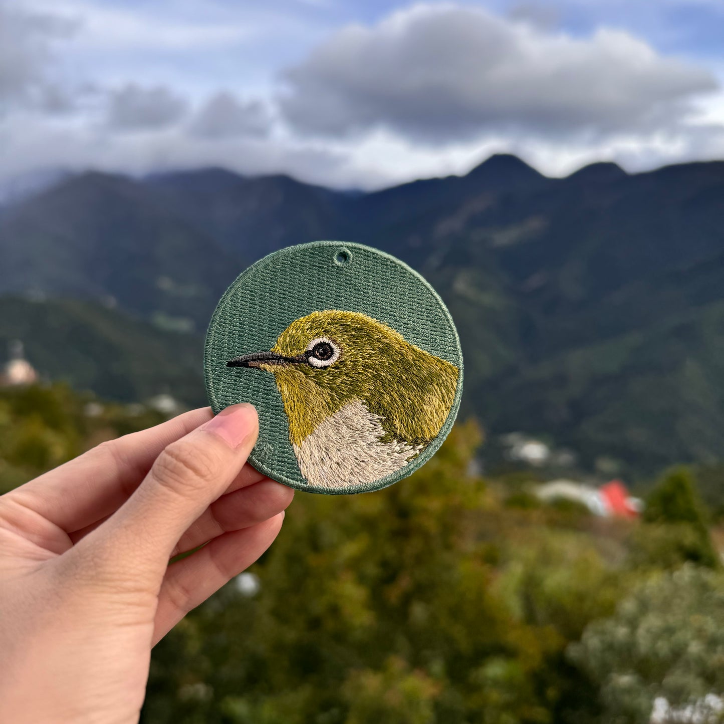 雙面刺繡吊飾 - 綠繡眼